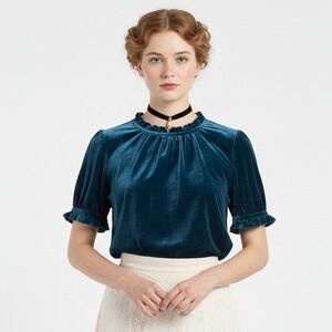 Gap Velvet Puff Sleeve Ruffle Top Womens S Blue Cottagecore Peasant Edwardian